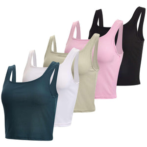 5 Pack Womens Square Neck Cute Crop Tank Top for Women Crop Tops Trendy Ladies Tops Tees Athletic Yoga Summer Running Basic White Woman Cropped Exercise Woman Sleeveless White Tanks - Set 3 L Mimarta