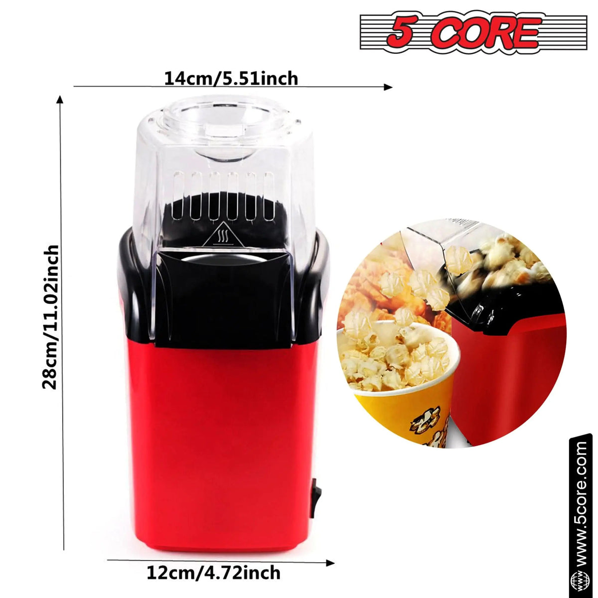 5Core Popcorn Machine 16 Cup Hot Air Popper Mini Portable Electric Pop Corn Maker RED - Rieworkes