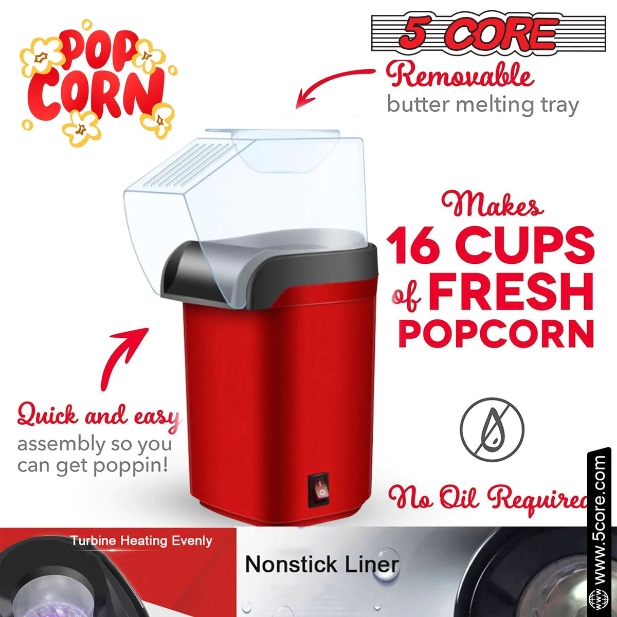 5Core Popcorn Machine 16 Cup Hot Air Popper Mini Portable Electric Pop Corn Maker RED - Rieworkes