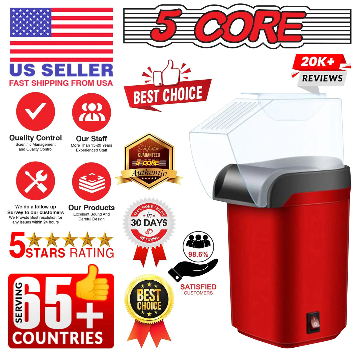 5Core Popcorn Machine 16 Cup Hot Air Popper Mini Portable Electric Pop Corn Maker RED - Rieworkes