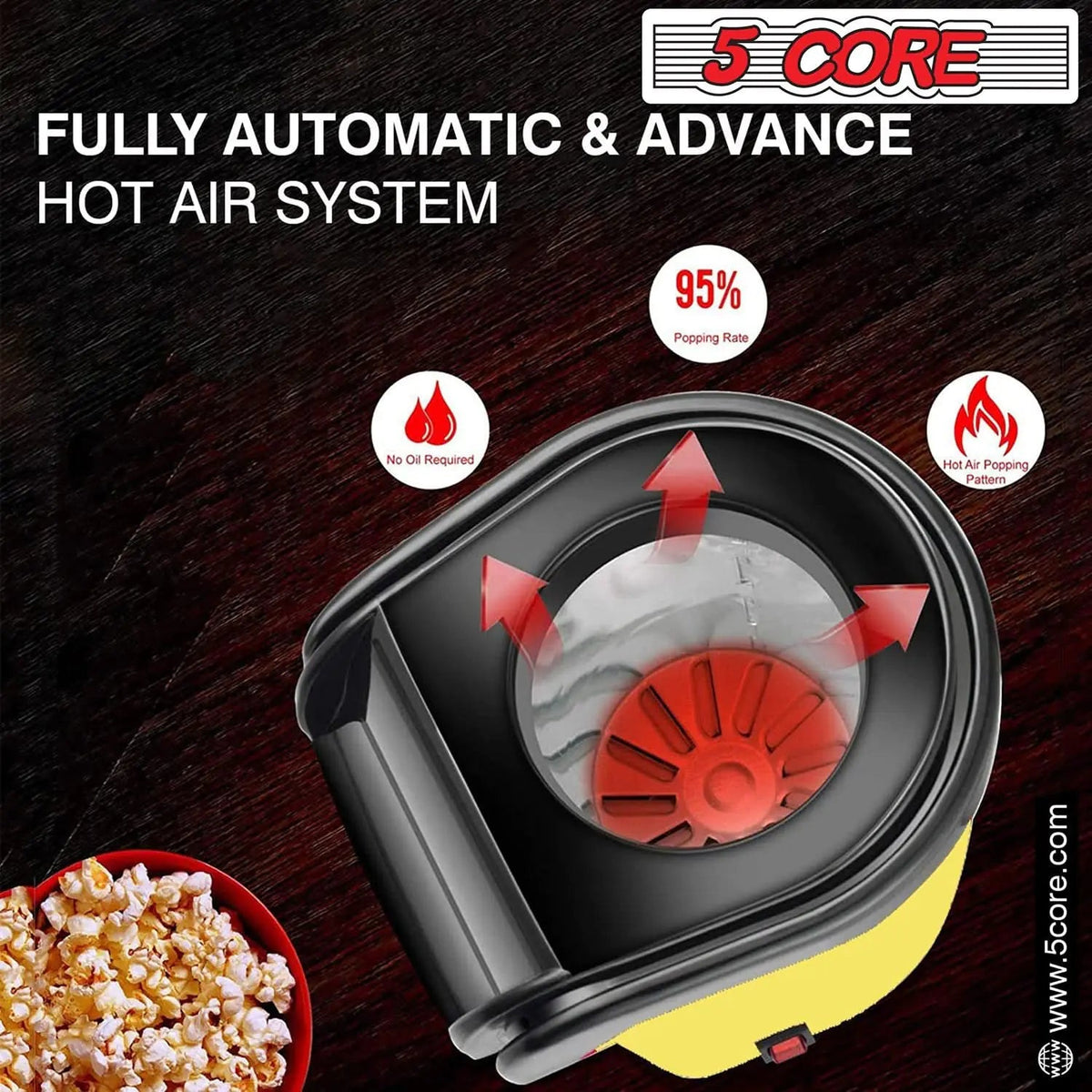 5Core Popcorn Machine 16 Cup Hot Air Popper Mini Portable Electric Pop Corn Maker YELLOW - Rieworkes