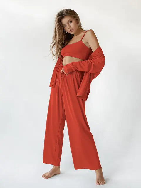 Ribbed Drop Sleeves Sleepwear Women Set Rieworkes