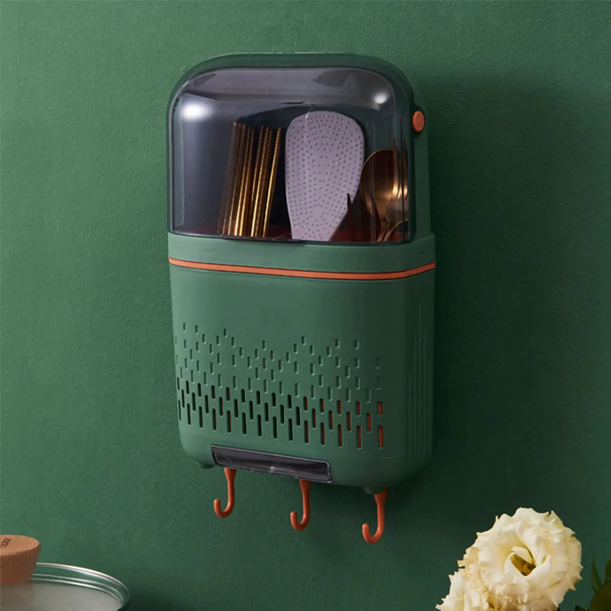 Chopstick Container Cutlery Organizer Hanging Rack Kitchen Cutlery Drainer Hanging Kitchen Utensil Holder Chopstick Holder Compartmental Drainer with Cover for Kitchen(Green) Rieworkes