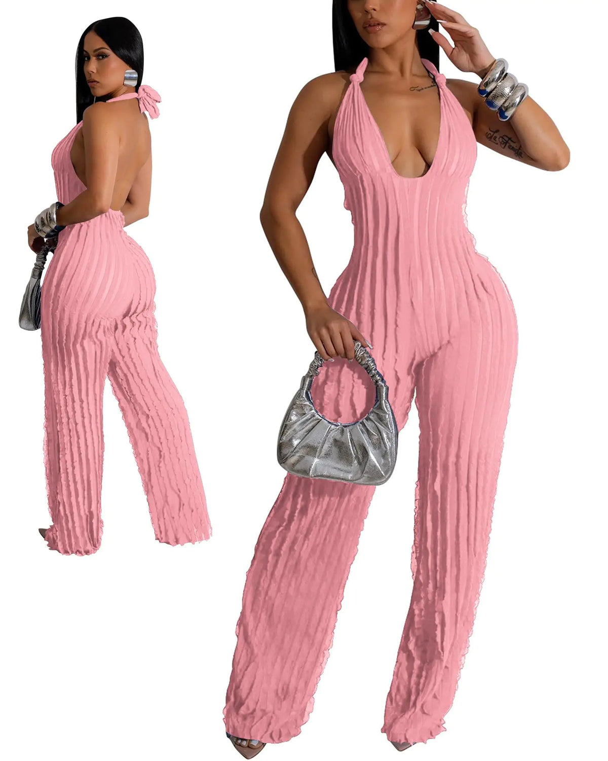 Doweha Sexy Summer Halter Jumpsuits for Women Dressy 2024 Backless V Neck One Pieces Wide Leg Long Pants Jumpsuits Romper Party Club Outfit Pink Mimarta