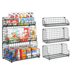 X-cosrack Stackable Wire Basket 3 Tier Countertop& Wall Mounted Metal Storage Basket for Kitchen Pantry Cabinet Muti-functional Open Front Bin Organizer for Food Fruit Snack Black Mimarta