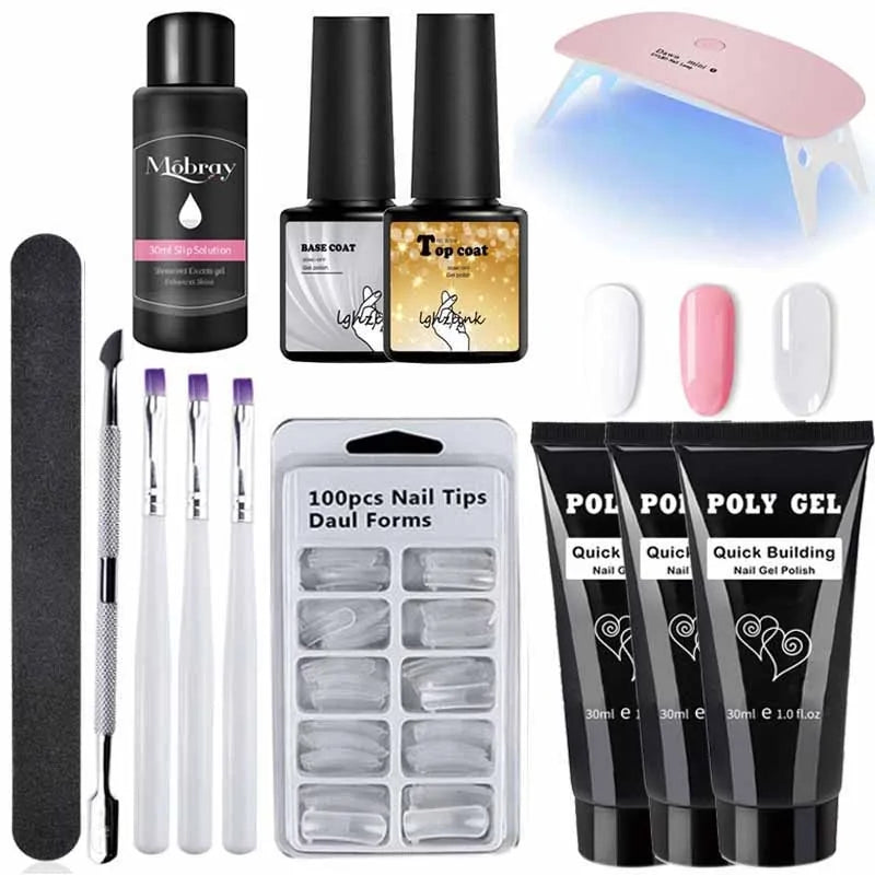 French Nail Art Poly Gel Kit with UV Brush and Nail Tips Rieworkes
