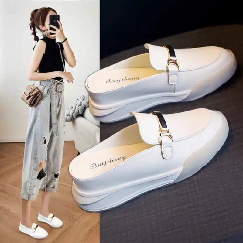 Women's Leather White Platform Sandals - Baotou Style Mimarta