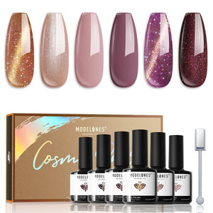 modelones Cat Eye Gel Nail Polish Set 6 Colors, Glitter Nude Shiny Champagne Burgundy Gold Magnetic Effect Sparkle Stunning Home Nail Art Gel Kit Gift A- Cosmo Party Rieworkes