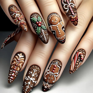 Christmas Press on Nails Almond Fake Nails with Christmas Tree Snowman Candy Brown Christmas Nails Design Christmas Press On Nails For Women Impress Christmas Nails Cute Christmas Nails 24pcs Mimarta