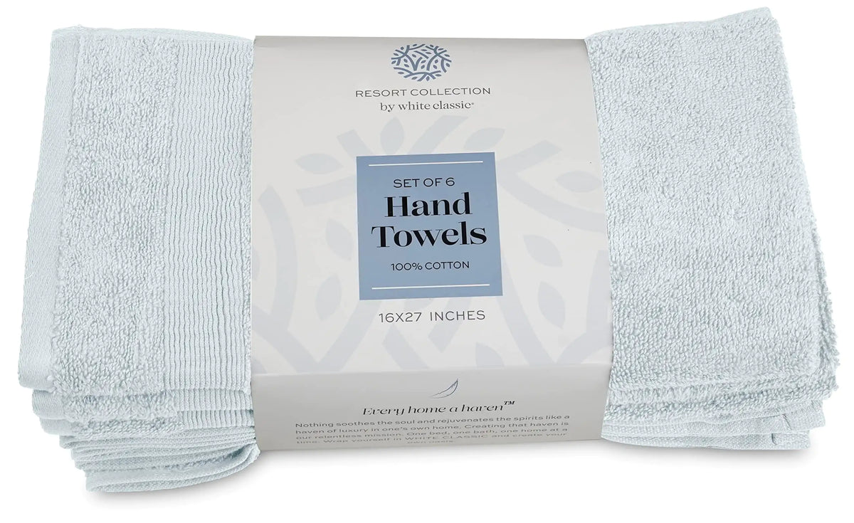 Resort Collection Soft Hand Towels 16x27 in 6 Pack Light Blue Luxury Hotel Rieworkes