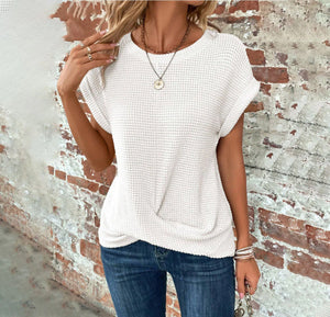 Chic and Comfy: Summer Solid Color Waffle Crew Neck Tee for Women Rieworkes