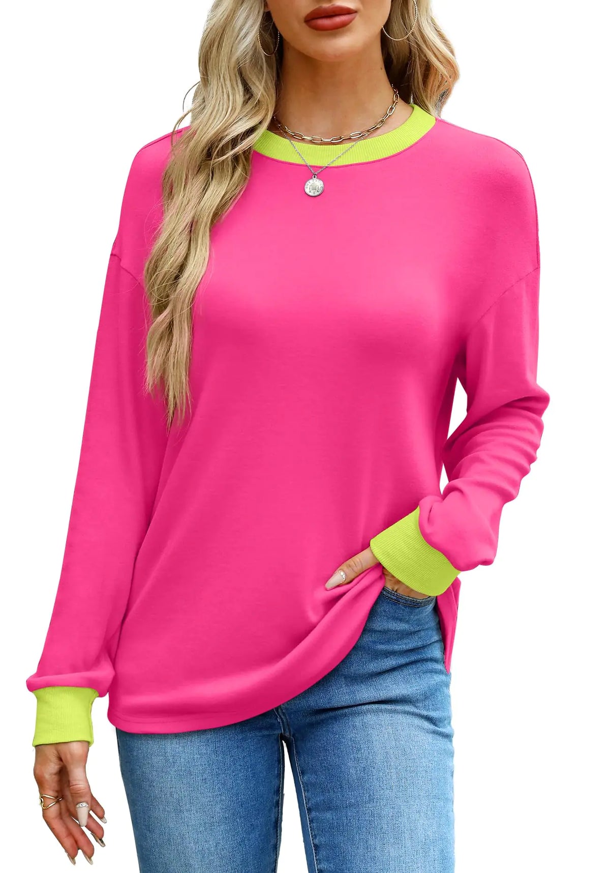 WIHOLL Womens Tunic Tops Long Sleeve Striped Shirts Crewneck Tops Plain Hot Pink X-Large Rieworkes