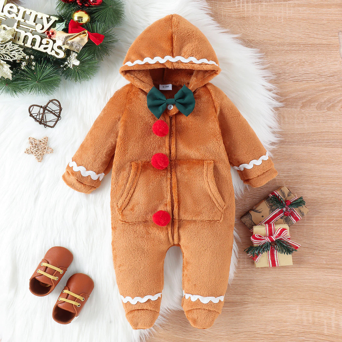 Baby Christmas Gingerbread Romper with Hat Rieworkes