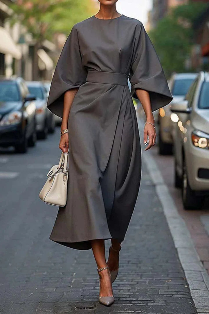 Loose Batwing Sleeve Dress Fashion Waist-tighted Solid Color Elegant Dresses For Women Clothing Mimarta