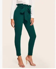 Elegant Frill Trim Bow Belted Detail Solid High Waist Pants Rieworkes