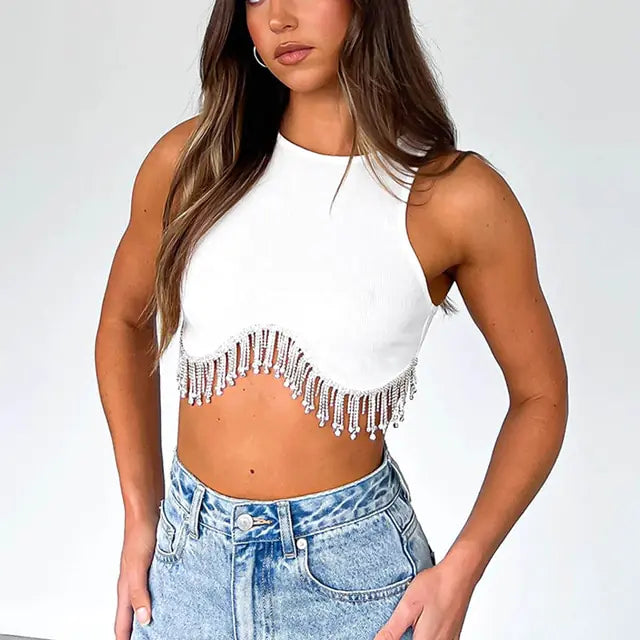 Elegant Rhinestone Tassel Cropped Top Rieworkes