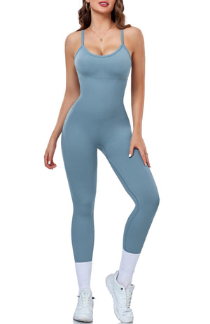 OLCHEE Womens Workout Yoga Jumpsuits Rompers - One Piece Seamless Unitard Leggings Spaghetti Strap Bodysuit Gym - Blue Large Mimarta