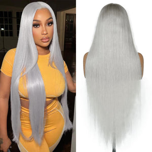 FINMOO 30 Inch Silver Grey Lace Front Wigs Human Hair Pre Plucked Straight Grey Human Hair 13x4 HD Transparent Lace Frontal Wig Glueless Silver Lace Front Wigs for Black&White Women 180 Density Mimarta