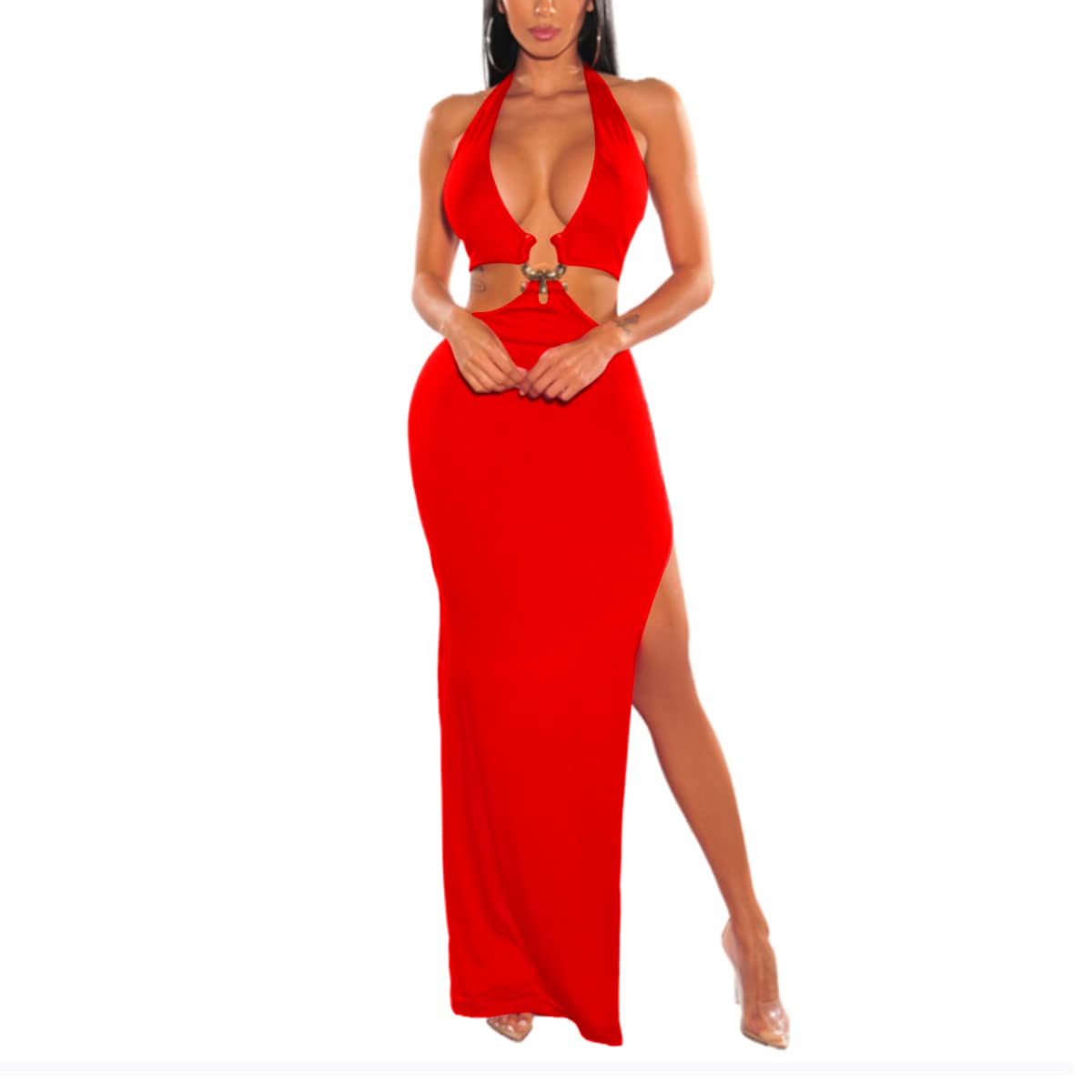LuFeng Womens Sexy Sleeveless Halter V Neck Side Waist Cutout Backless Bodycon High Slit Maxi Long Dress Red Mimarta