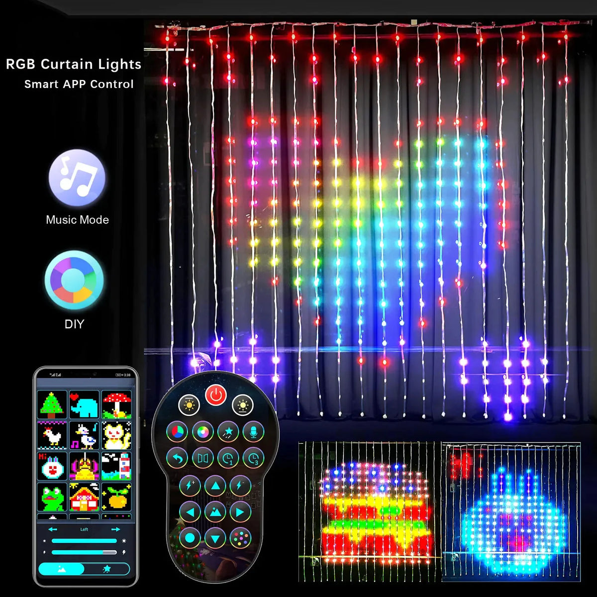 LED Bluetooth Smart RGB Curtain Lights - DIY Fairy Light Garland for Parties, Weddings, and Christmas Decor Rieworkes