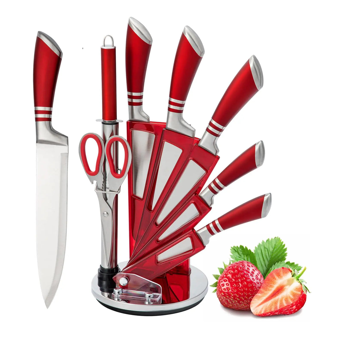 Kitchen Knife Set 9-Piece Red Knife Set with Acrylic Block Non Stick Sharp High Carbon Stainless Steel Chef Knife Set with Sharpener for Kitchen Cutting Kitchen Gifts for Women Mimarta