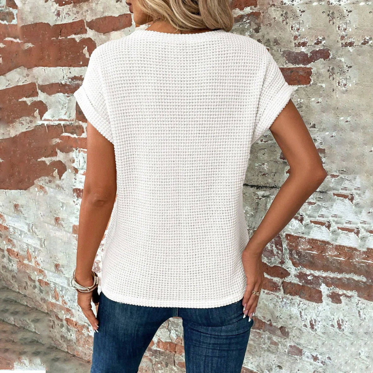 Chic and Comfy: Summer Solid Color Waffle Crew Neck Tee for Women Rieworkes