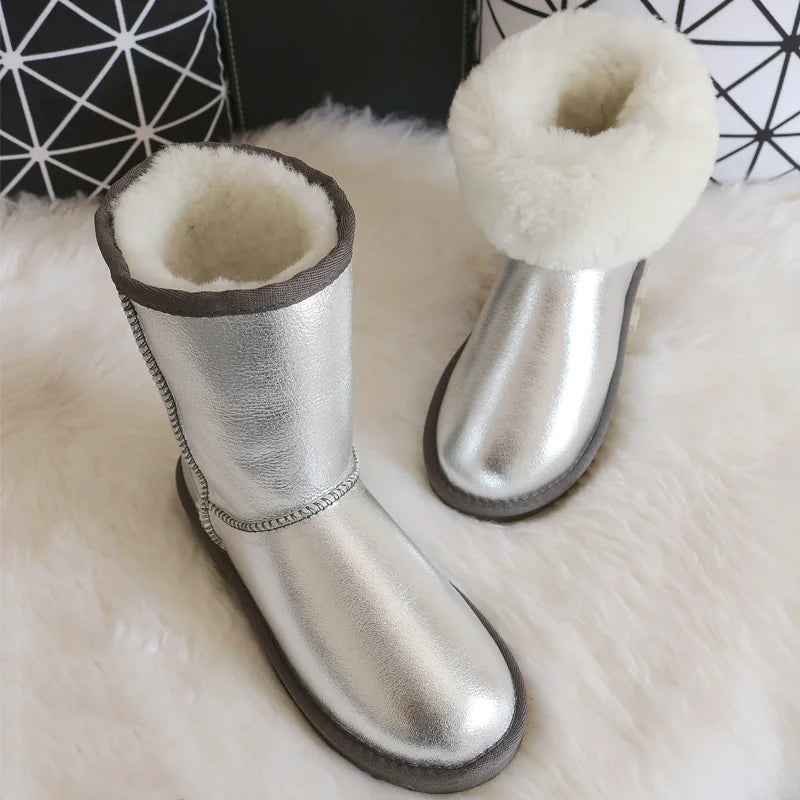 Genuine White Waterproof Women's Sheepskin Snow Boots Mimarta