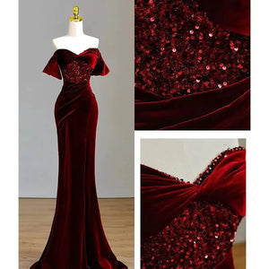 Fishtail Wine Red Off-Shoulder Velvet Sequin Dress Rieworkes