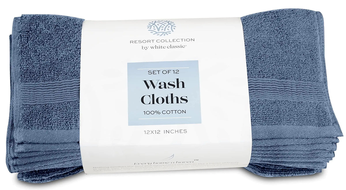 Resort Collection Soft Washcloth Face Body Towel Set 12 Pack Blue 12x12 Luxury Rieworkes