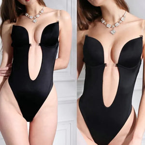 Women Sexy U Plunge Backless Bodysuit Deep V-Neck Seamless Thong Bottom Underwear Padded Push Up Body Shapewear Top for M6CD Rieworkes