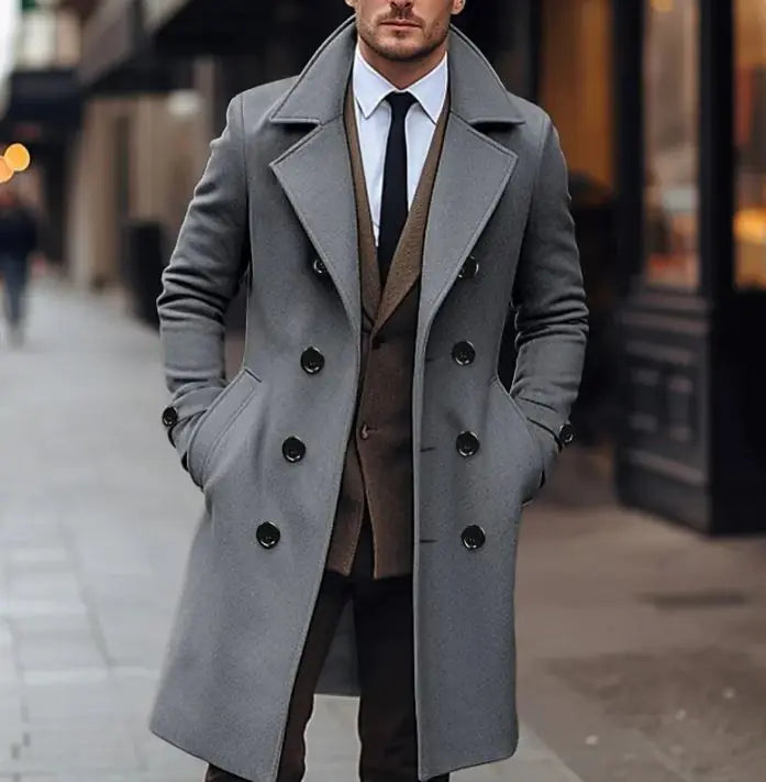 Fall Winter Men Woolen Coat Double Breasted Long Rieworkes