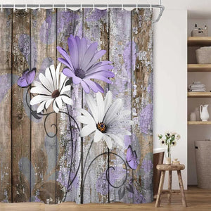 JAWO Farmhouse Flower Floral Shower Curtain Rustic Purple Daisy Shower Curtain Set Country Purple Wild Garden Plant Fabric Shower Curtain with Hooks Brown Wooden Board Bathroom Curtain 69x70inch Mimarta
