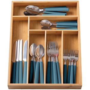 COOK WITH COLOR Bamboo Kitchen Utensil Set with Drawer Organizer | Cooking Tools and Storage Caddy Blue 25 Piece Cutlery Set Rieworkes
