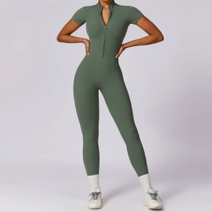 Zippered Short Sleeve Yoga Jumpsuit Mimarta