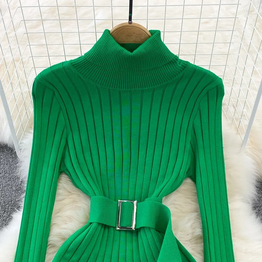 Turtleneck Sexy Wrap Hips Knitted Dresses Rieworkes