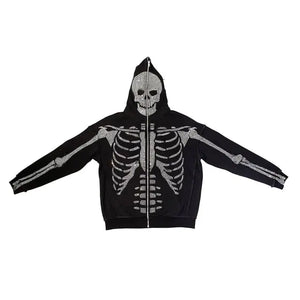 Skeleton Rhinestone Hoodie Full Zip Up Women Cyber Y2K Hooded Sweatshirts Rieworkes