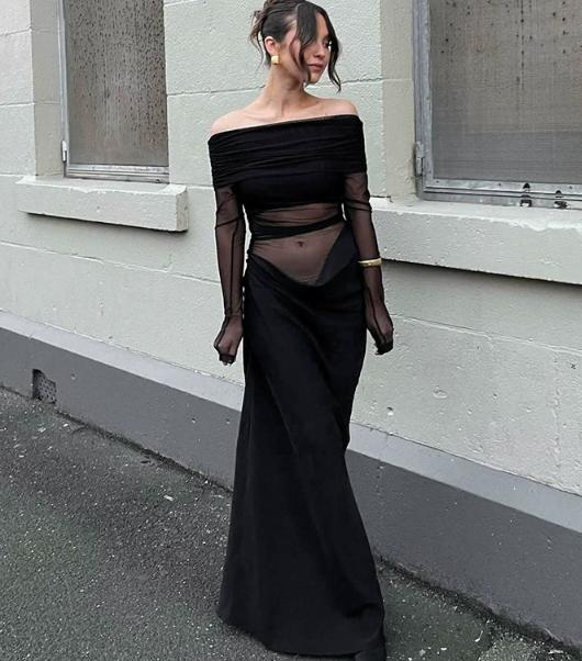 Off Shoulder Semi-Sheer Maxi Dress Long Sleeve Floor Length One-Step Dress Strapless Mesh Ruched Bodycon Dress Y2K Mimarta