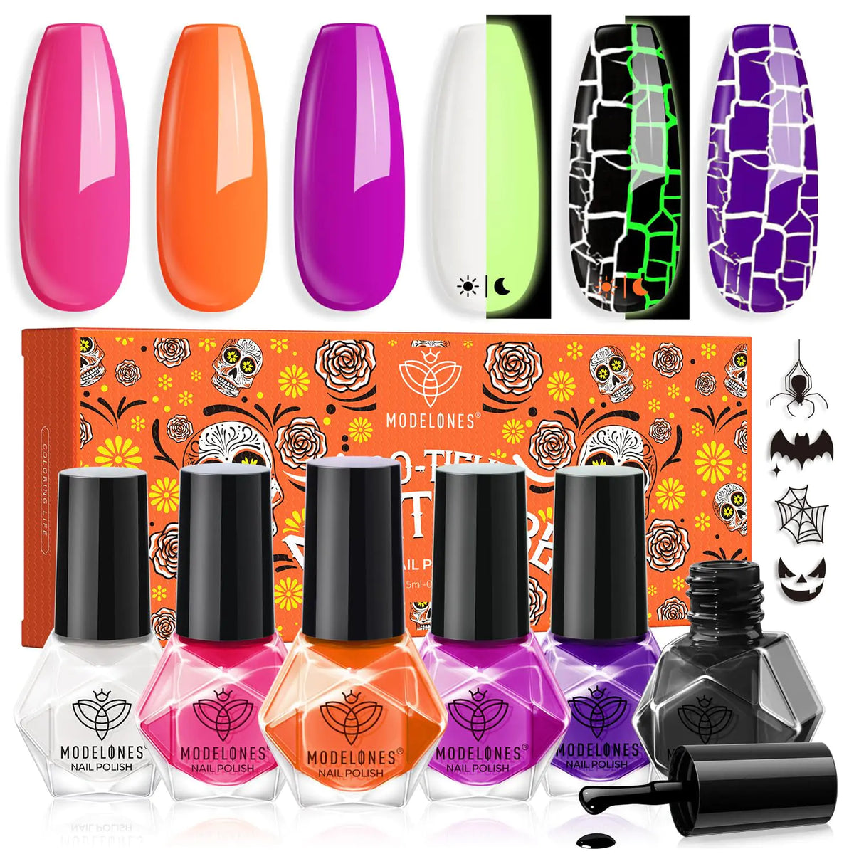 modelones Halloween Nail Polish Set 6 Colors, Boo-tiful Nightmare Collection with Stickers, Glow in the Dark White Crackle Black Purple Orange Hot Pink Quick Dry Nail Art Kit, Fall Gift for Women A1 Boo-tiful Nightmare Rieworkes