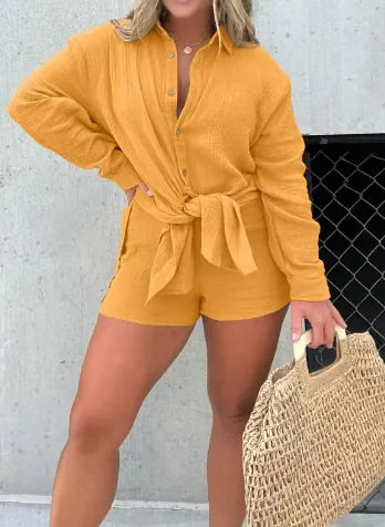 Double-Layer Crepe Long Shirt and Shorts Set Rieworkes