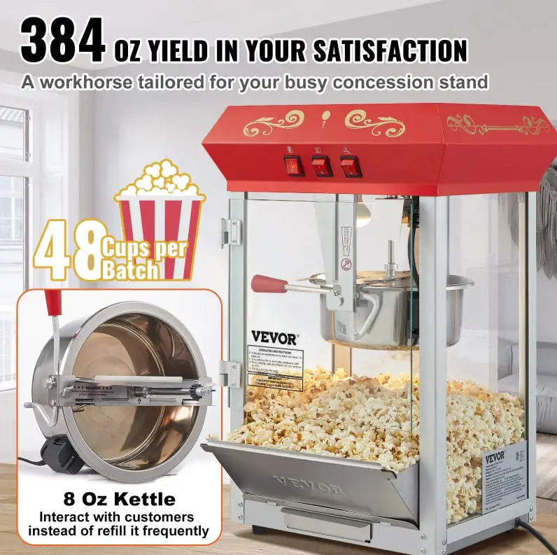 Popcorn Popper Machine 8 Oz Countertop Popcorn Maker 850W 48 Cups Red Mimarta