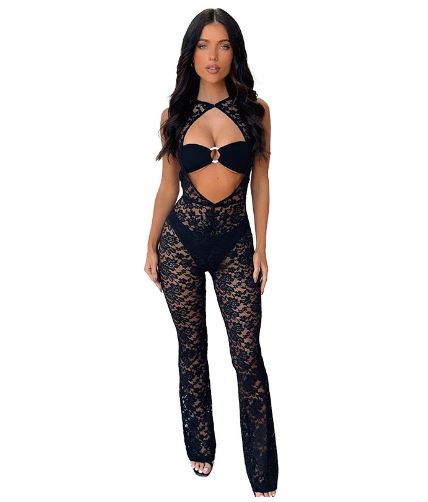 Black Floral Lace Backless Jumpsuit for Women Mimarta