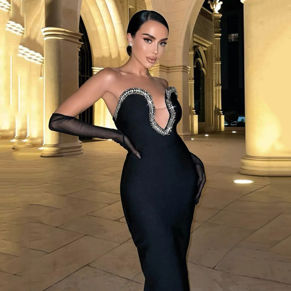 Elegant Summer Sexy V-Neck Bodycon Dress with Rhinestones Mimarta