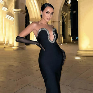 Elegant Summer Sexy V-Neck Bodycon Dress with Rhinestones Mimarta
