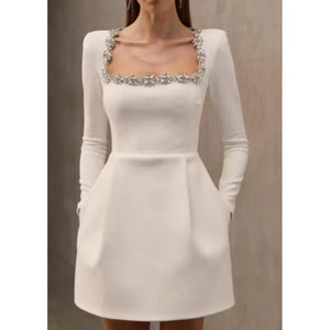 Women's Spring Elegant Square Collar Pearl Ruffled Short Fashion Dress Rieworkes