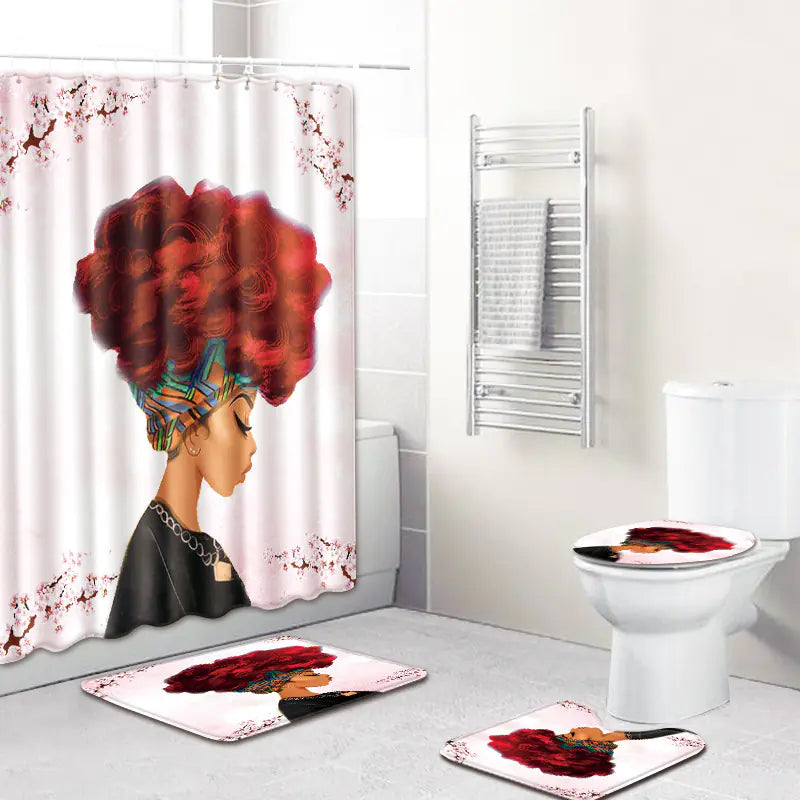 African Woman Bath Mat and Shower Curtain Set Mimarta