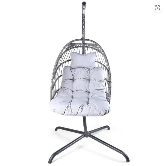 Swing Egg Chair With Stand Indoor And Outdoor Rattan Patio Basket Sling Chair With C-bracket, Patio Wicker Folding Sling Chair Rieworkes