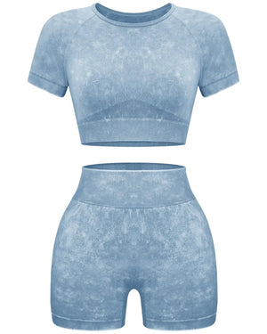 OLCHEE Womens Workout Sets 2 Piece - Seamless Acid Wash Yoga Outfits Shorts and Crop Top Matching Gym Athletic Clothing Set Short-sleeve + Shorts: Coffee Small Rieworkes