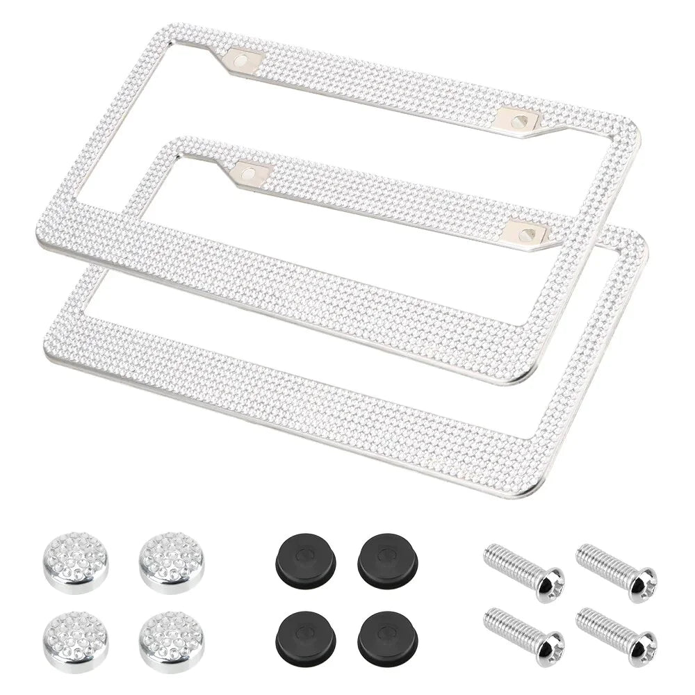 2PCS Bling License Plate Frame Glitter Crystal Sparkling Rhinestone Diamond Caps Rieworkes
