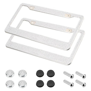 2PCS Bling License Plate Frame Glitter Crystal Sparkling Rhinestone Diamond Caps Rieworkes