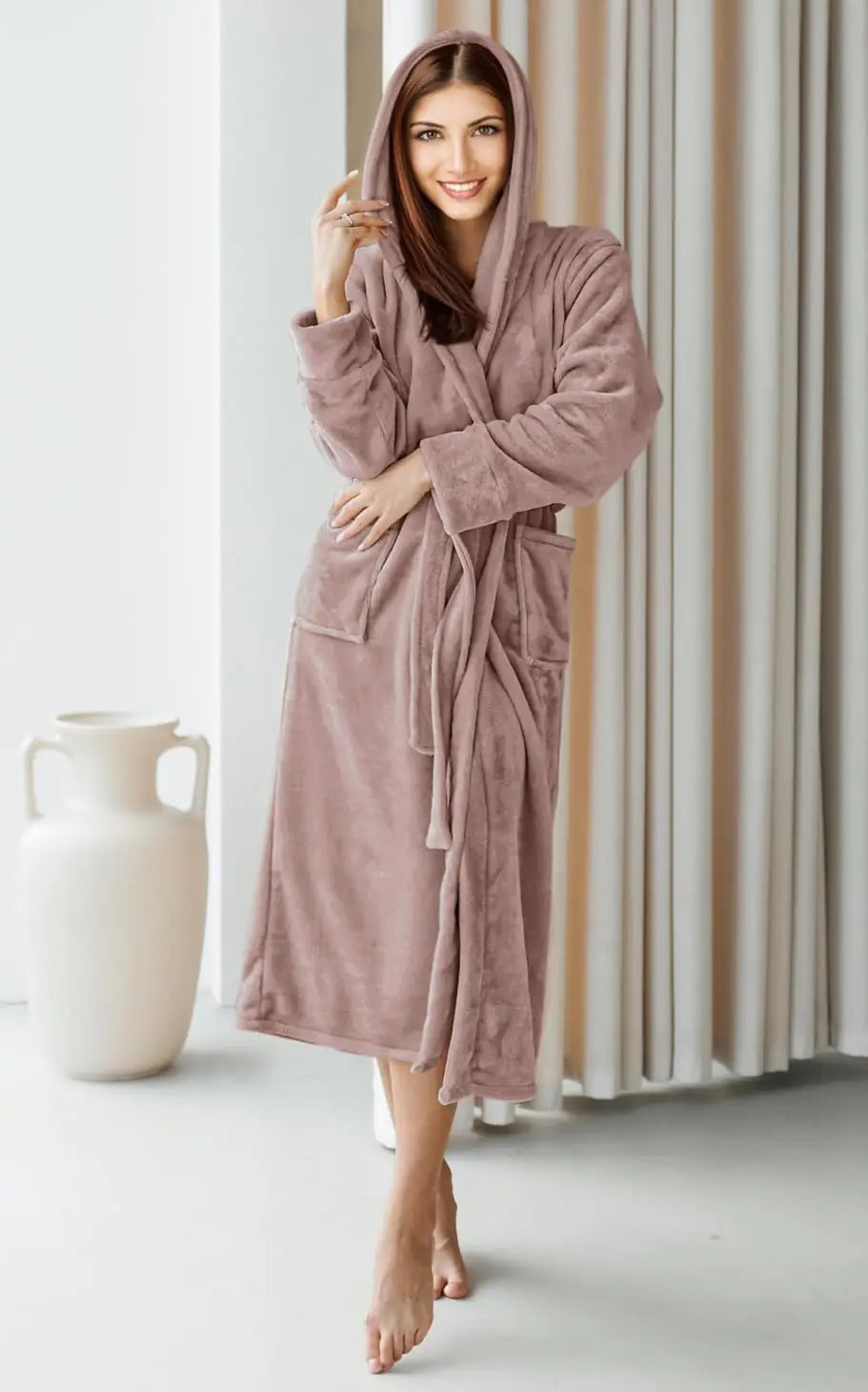 NY Threads Women's Fleece Hooded Bathrobe Plush Long Spa Robe X-Large Taupe Rieworkes